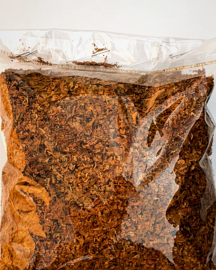 Cut tobacco sealed in a clear bag
