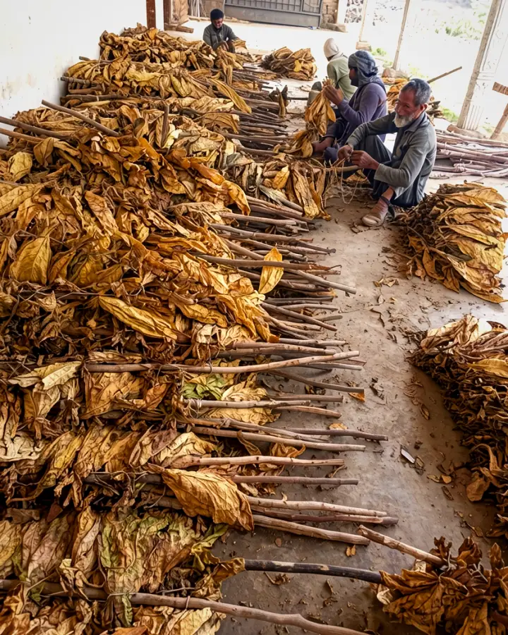 Cured leaf being bundled by hand